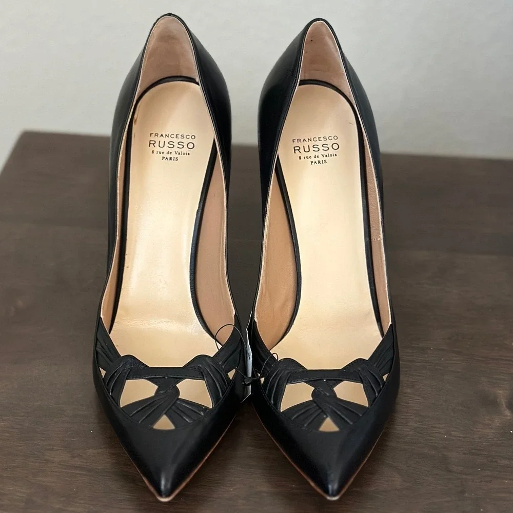 Francesco Russo Black Leather Pointed Toe CutOut Stiletto Heel Pump Paris 38